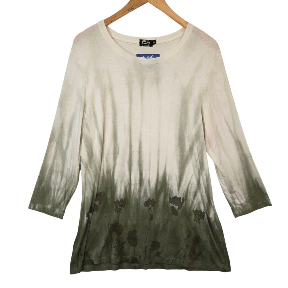 Art of Cloth Trina Top Womens Large Sage Green Hand Dyed Floral 3/4 Sleeve NWT